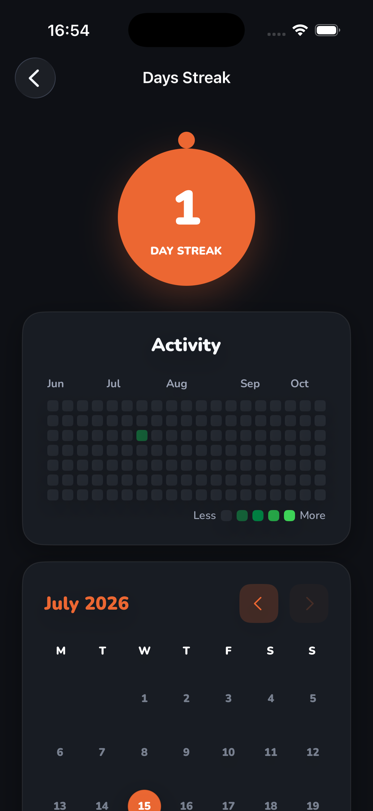 Days streak screen with an activity calendar