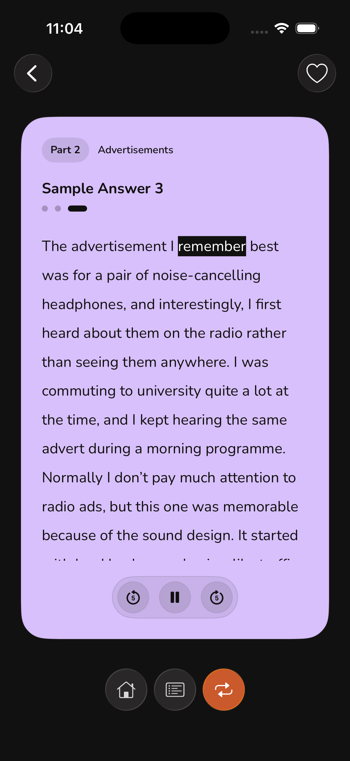 A sample answer with playback controls for speaking practice