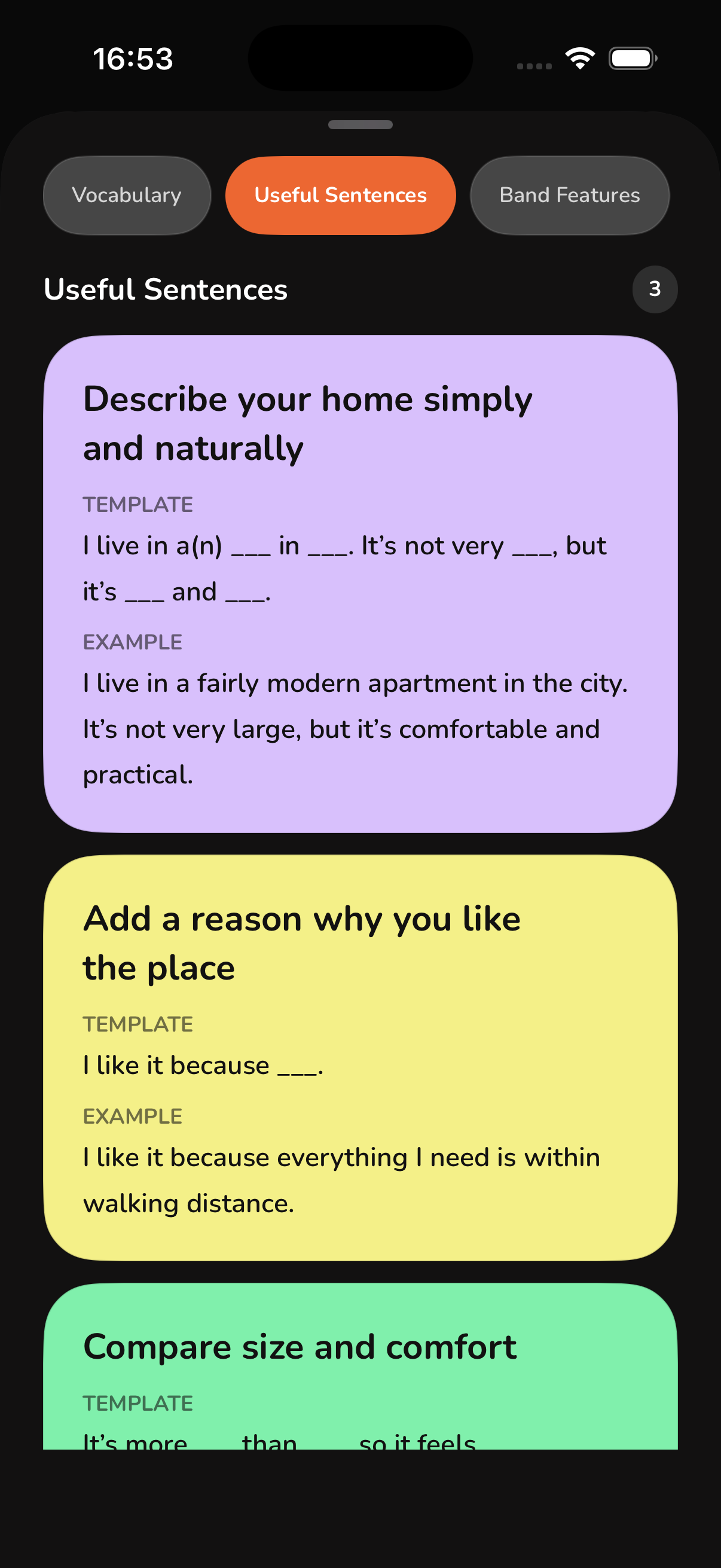 Useful sentence templates displayed in the Abby Speak app