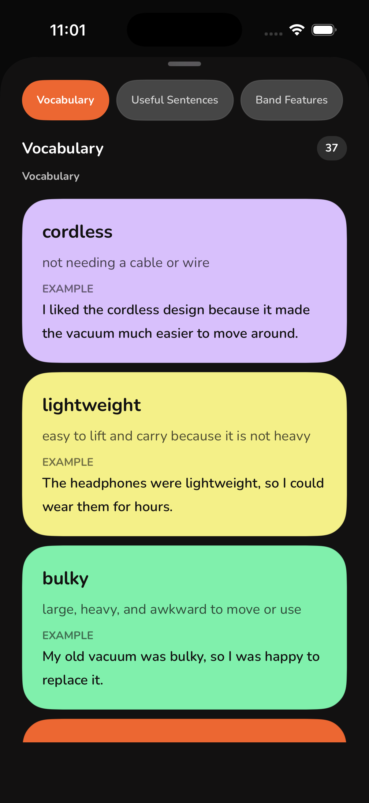 Topic vocabulary cards with definitions and example sentences